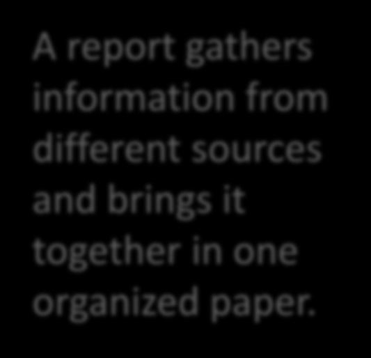 A report gathers information from different sources and brings it
