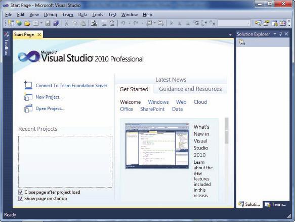 CHAPTER 1 An Introduction to Visual Basic 2010 Start Page window Solution Explorer window 12 Toolbox window s tab be sure these check boxes are selected Team Explorer window s tab Figure 1-2