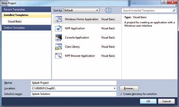 The computer creates a solution and adds a Visual Basic project to the solution.