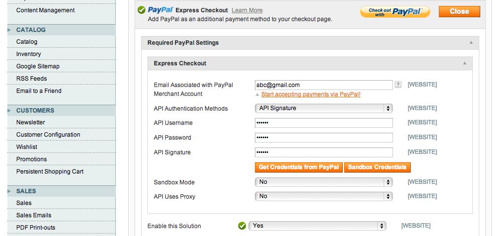 C. Basic Settings Enter the email address that was used when registering a merchant account with PayPal. Select API Singnature as your authentication methods. (using API user/password/signature) 1.