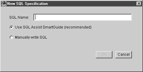 Making a new SQL specification Select Add in the SQL page of the data property editor to make a new SQL specification for a Select, Modify, or ProcedureCall bean.