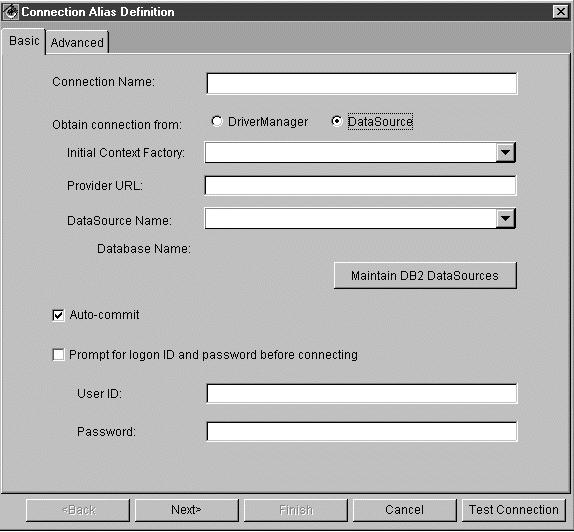 Specify in the Connection Properties field, any properties to be passed in the database connection request, other than the user ID and password.