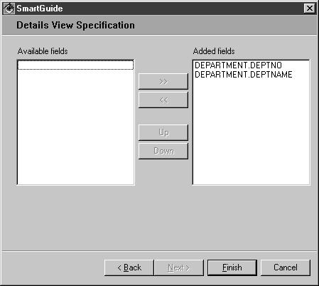 3. Optional: In the Details View Specification window, select fields from the Added fields list and click << to remoe them from the database application GUI.