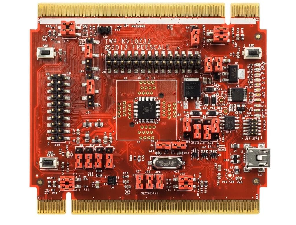 Getting to know the board Header for standard mini Cortex SWD connector used to debug code on either OpenSDA or KV10Z32 with external debug interface Power indication LED 10MHz crystal on board for