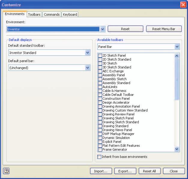 Figure 1D 1 Options available in the Environments tab of the Customize dialog box.