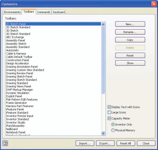 Figure 1D 2 The Toolbars tab of the Customize dialog box allows you to manage the display of