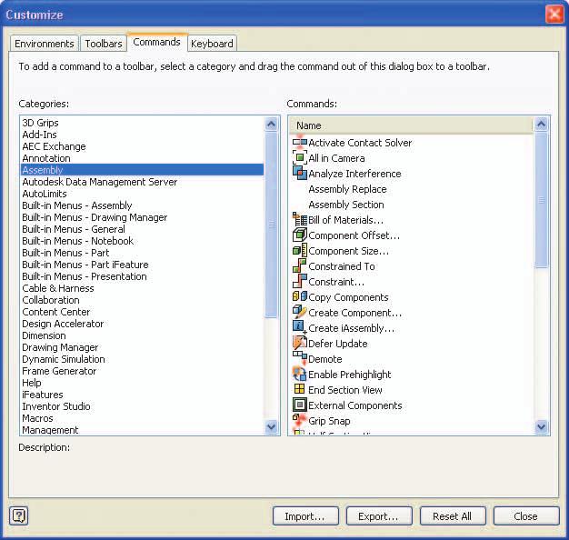 Figure 1D 3 Inventor tools are grouped into categories in the Commands tab of the Customize dialog box.