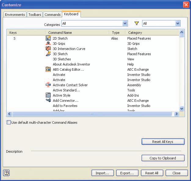 Figure 1D 4 The Keyboard tab of the Customize dialog box.