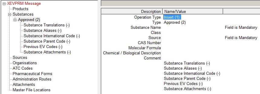 Once you have selected 'New Approved Substance' the tree view area and the active area will display the fields that need to be completed in the substance report for an approved substance: You can
