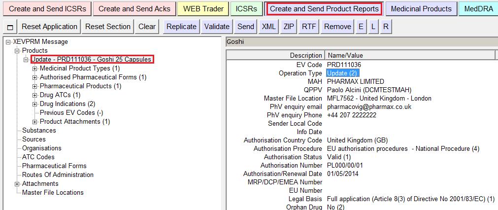 Your product entity is moved from the 'Medicinal product' section to the 'Create and Send Product Reports' section.