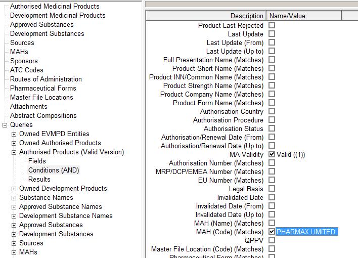 Click 'Run' The list of valid AMP entities referencing 'PharmaX Limited' will be displayed: The fields visible in the active area will display the fields set up as default (see section 2.7.2.1.