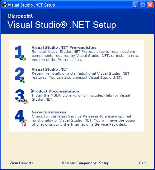 Install Visual Studio.NET 2003 prerequisites. Run setup.exe from the Visual Studio.NET 2003 directory on the disc.