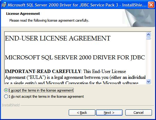 Install the Microsoft SQL Server 2000 Driver for JDBC Service Pack 3 Run Microsoft SQL Server 2000 Driver for JDBC