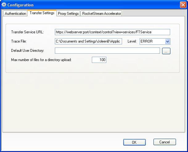 Transfer Settings To edit the MFT Desktop Client connection information click on the Transfer Settings tab and set the Transfer Service URL as seen in Figure 5.