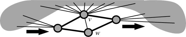 10 FIG. 8: Low degree vertex w taking the load off a highly connected vertex v.