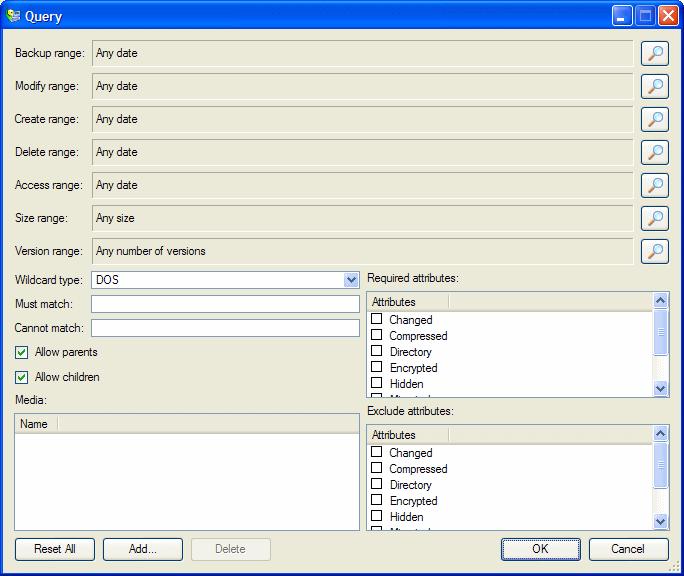 230 Data Protector Express User s Guide and Technical Reference Query window and Selection Filters window Applicable Objects: All catalog objects, Backup, Restore and Verify jobs Use the Query window