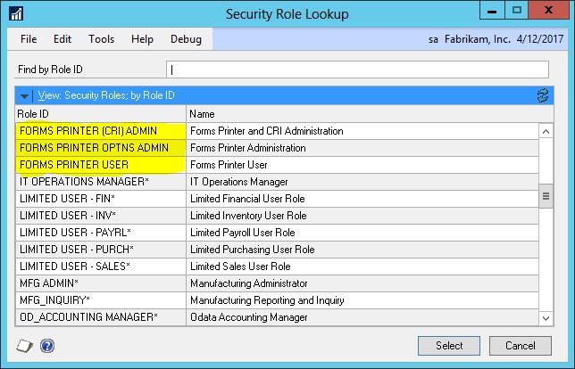 Adding Roles and Tasks With the new Security model implemented in Microsoft Dynamics GP 10 and greater, it becomes necessary to enable logins to use or administer Forms Printer by placing the users