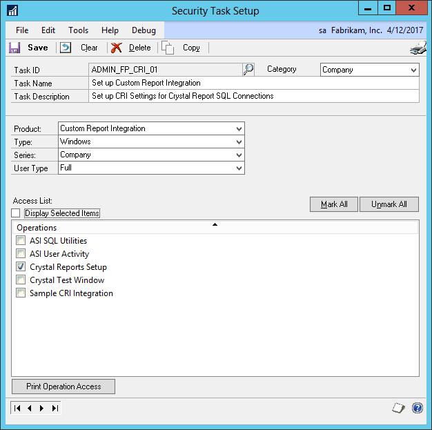 Tasks The Task ID s above, can be duplicated, and then modified, if you need to apply finer grained control to users with regards to what Forms Printer related windows the user can open.