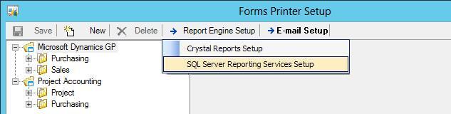 Enter Report Engine Setup Information From the Forms Printer Setup window or the Forms Printer Plus Setup window, the Report Engine Setup menu option includes two listings: Crystal Reports Setup, and