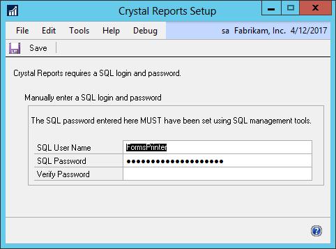 Window Example The screenshot below shows the entries for Crystal Reports using an example SQL Login FormsPrinter.