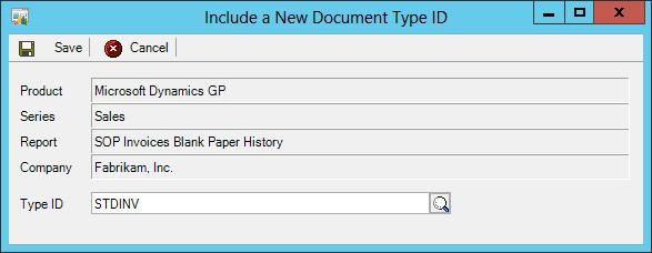 7. This screenshot of the Include a New Document Type ID window shows the selected report and Company to which the Type ID is being added.