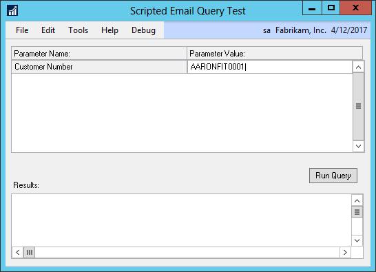 Test The Test Button opens the Scripted Email Query Test window where the entered script can be tested for syntax and proper data return based on entered parameters.