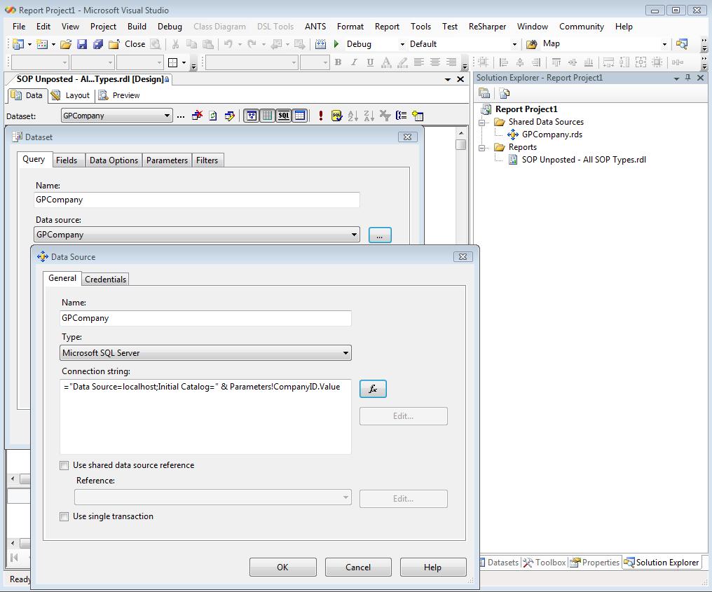 the company database from a report parameter value. Below is a screenshot of the Data source window using a dynamic connection string.
