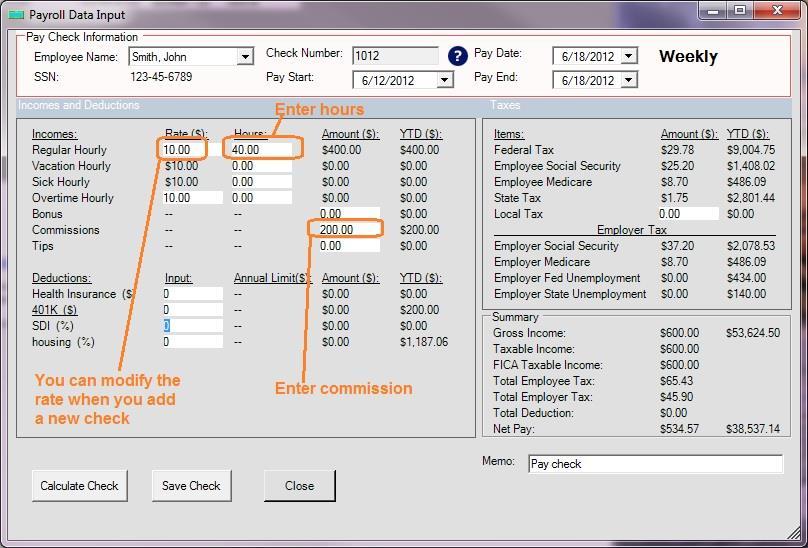 Add a paycheck by hourly rate Click the ezpaycheck payroll software left menu "Checks" then click the sub menu "New Check" to open New Check screen.