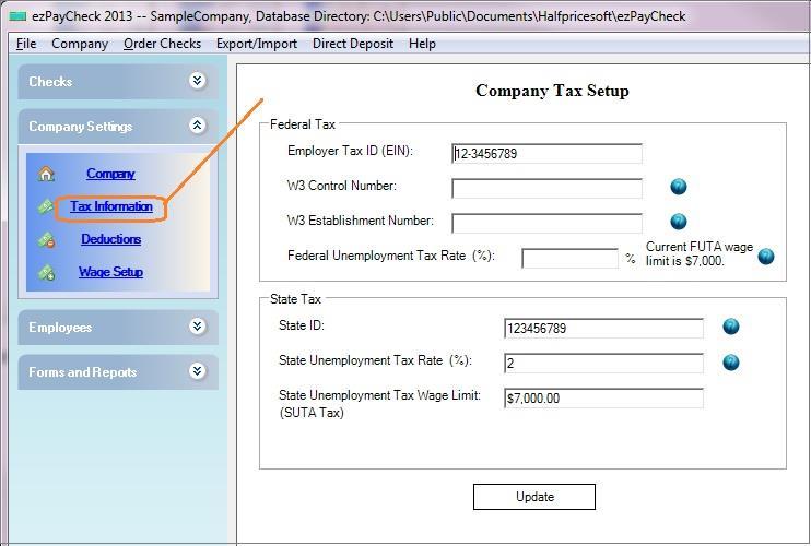 (Click image to enlarge) - company Tax ID - W3 control number and W3 Establishment number (optional): These two fields will be used for W2 and W3 forms only.