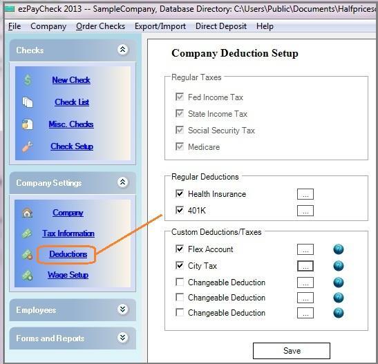(Click image to enlarge) EzPaycheck payroll software can support up to 7 custom deduction fields.