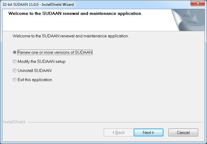 3. Choose Renew one or more versions of SUDAAN from the menu as illustrated in Figure 1.4. Figure 1.4 Product Renewal 4. SETUP will prompt you for a product key for each installed version of SUDAAN.