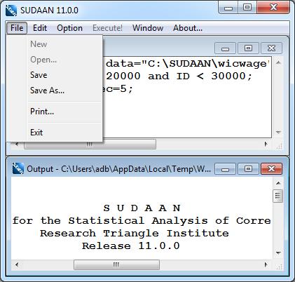 Figure 5.3 and Figure 5.4 illustrate the Open and Save screens in SUDAAN. Figure 5.3: File Popup Menu for Input Window Figure 5.4: File Popup Menu for Output Window 5.1.