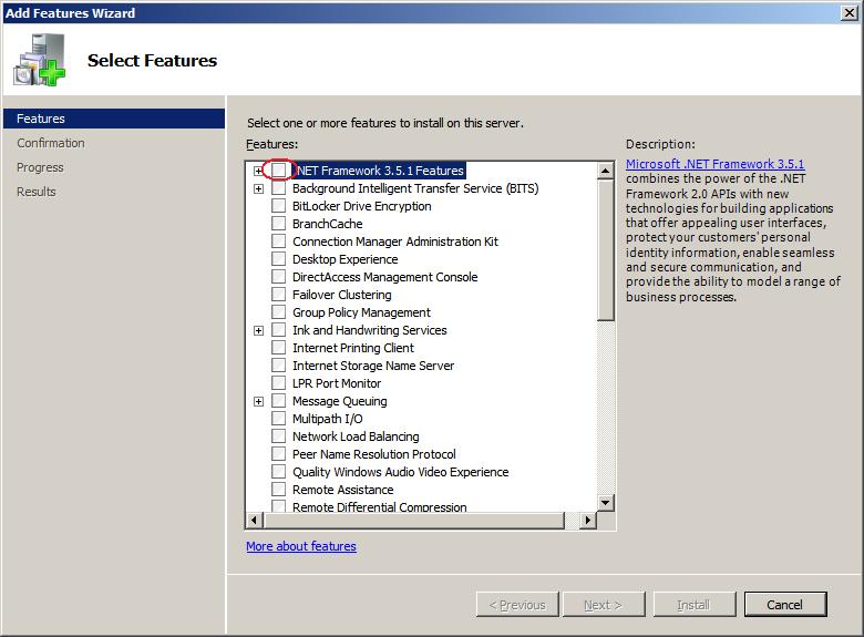 The Server Manager window appears. From the Operation (A) menu, select Add Features. Figure 1: Server Manager window The Add Features Wizard appears. Select the.net Framework 3.5.