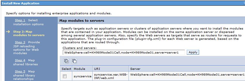 The syncservice module is mapped to the selected server, by default.