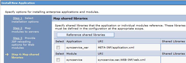 Map previously created shared library SyncSharedLib to both applications (syncservice_ war) and Module