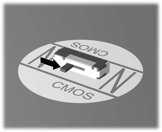 Password Security and Resetting CMOS 4. Slide the CMOS switch in the direction shown in the illustration below. Make sure you have disconnected the AC power cord from the wall outlet.
