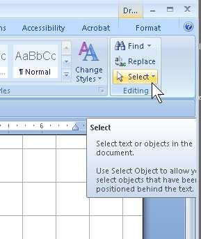 Locating the Selection Arrow: Figure 16: Locating the "Select" Arrow on the Ribbon Menu The selection arrow is needed to select (highlight) the objects for grouping.