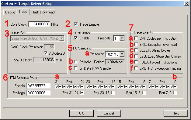 6) Serial Wire Viewer (SWV) Configuration window: (for reference) The essential place to configure the trace is in the Trace tab as shown below. You cannot set SWV globally for µvision.