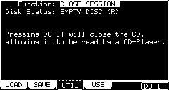 To access the ERASE CD-RW function, do the following: 01. Press [F3] (UTILIT). The UTILITY page will be displayed 02. Select ERASE CD-RW in the 'Function' field. 03.