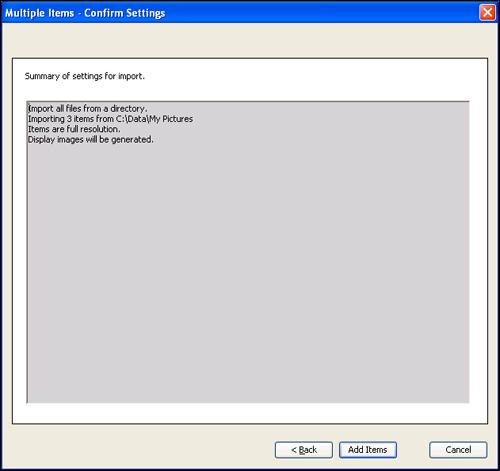 Figure 9. Confirm Settings Click Add Items to complete the import. A progress screen displays as the items are added to the Project.