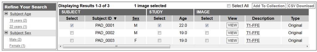5 2 3 6 Adding Results to Collections Where they May be Downloaded The resulting Search Results tab displays information about image sets matching the search criteria.