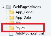 Name the new folder Styles. Inside the new Styles folder, create a file named Movies.css. Replace the contents of the new.