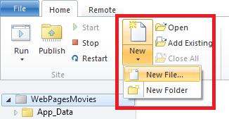 In the ribbon, click the arrow under New and then click New File. WebMatrix displays a list of file types.