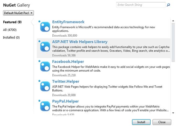 In WebMatrix, click the Gallery button. This launches the NuGet package manager and displays available packages.