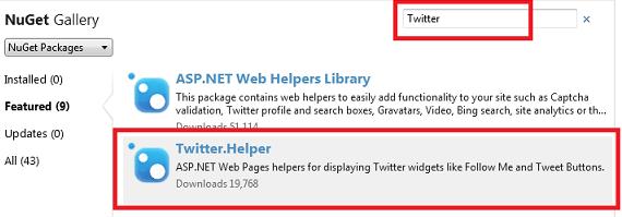 so on.) In the search box, enter "Twitter". NuGet shows the packages that have Twitter functionality.