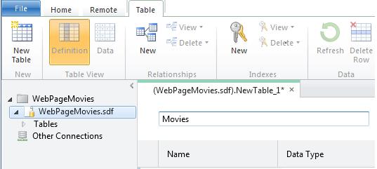 The pane underneath the table name is where you define individual columns. For the Movies table in this tutorial, you'll create only a few columns: ID, Title, Genre, and Year.