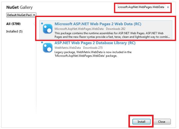 Select the Microsoft ASP.NET Web Pages 2 Web Data package and then click Install. The Gallery page displays details about the package.