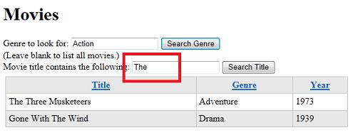 Leave both text boxes blank and click either button. The grid displays all the movies. Combining the Queries You might notice that the searches you can perform are exclusive.