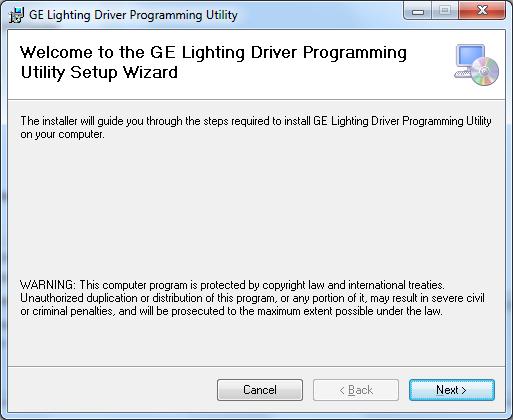 Downloading and Installing GE Lighting Driver Programming Utility Software GE Lighting Driver Programming Utility software can be downloaded from the GE lighting site http://www.gelighting.