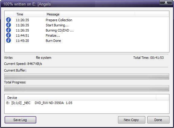 Step 7: When the burn is complete, you will hear an audio alert. The purple bars will be grayed out and you will see Burn Done in the message list.